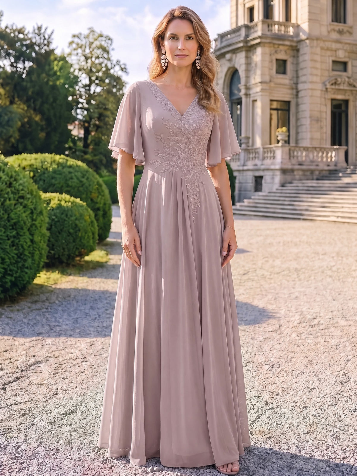 A-Line Mother Of The Bride Dresses Chiffon Embroidery Formal Dress V Neck 1/2 Sleeves Floor-Length Zipper Wedding Guest