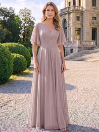 A-Line Mother Of The Bride Dresses Chiffon Embroidery Formal Dress V Neck 1/2 Sleeves Floor-Length Zipper Wedding Guest