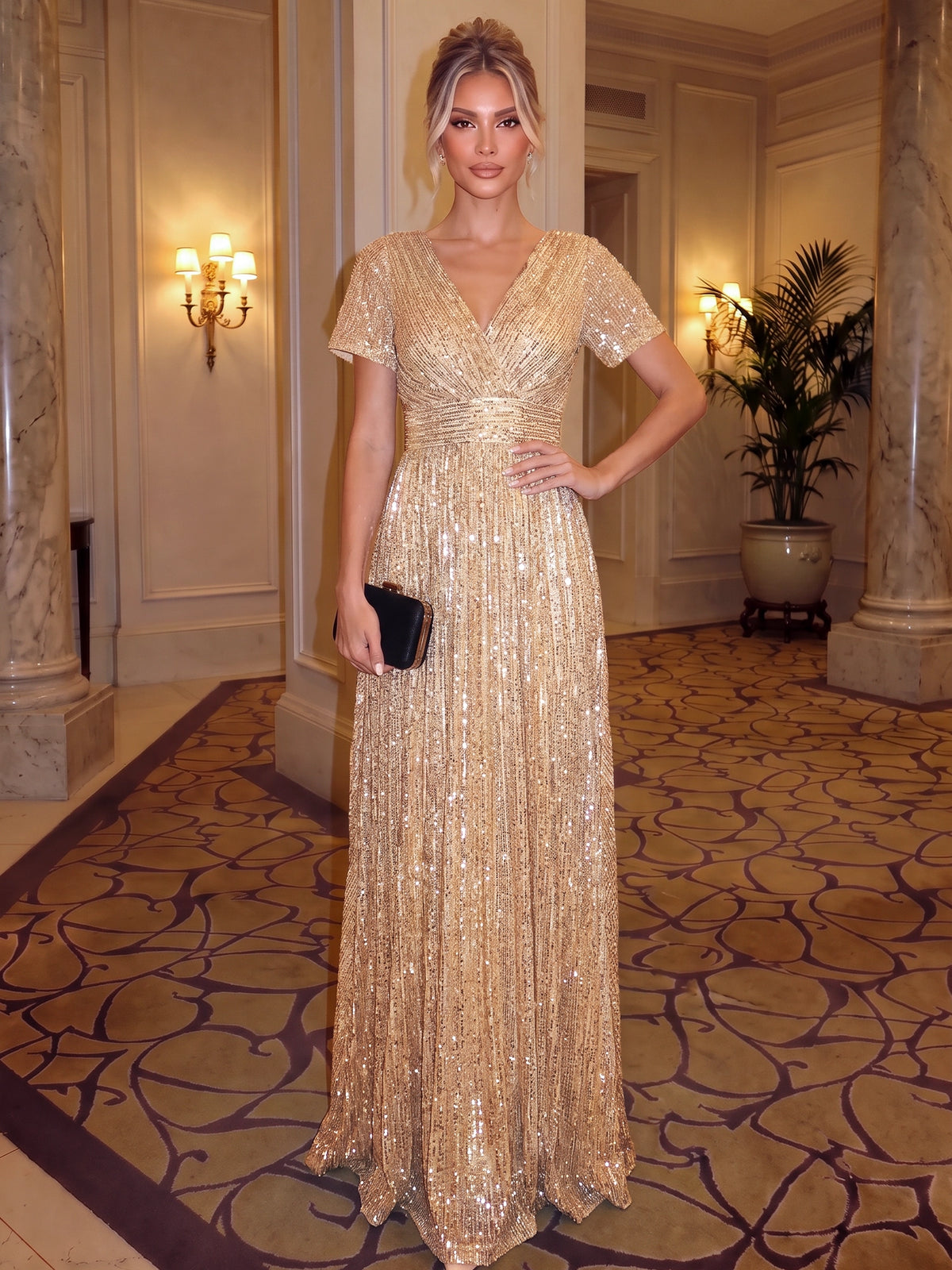 Sheath/Column Evening Gown Elegant Formal Dress Sequined Luxury Wedding Floor Length Short Sleeves Dress