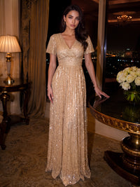 Sheath/Column Evening Gown Elegant Formal Dress Sequined Luxury Wedding Floor Length Short Sleeves Dress
