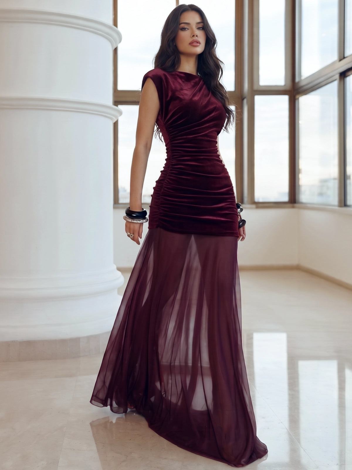 Sheath Velvet Evening Gown Floor Length Tulle Round Neck  Runched Long Sleeves Formal Wedding Guest Dress