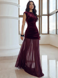 Sheath Velvet Evening Gown Floor Length Tulle Round Neck  Runched Long Sleeves Formal Wedding Guest Dress