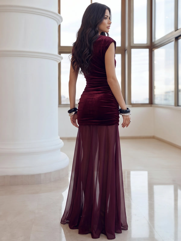 Sheath Velvet Evening Gown Floor Length Tulle Round Neck  Runched Long Sleeves Formal Wedding Guest Dress