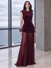 Sheath Velvet Evening Gown Floor Length Tulle Round Neck  Runched Long Sleeves Formal Wedding Guest Dress