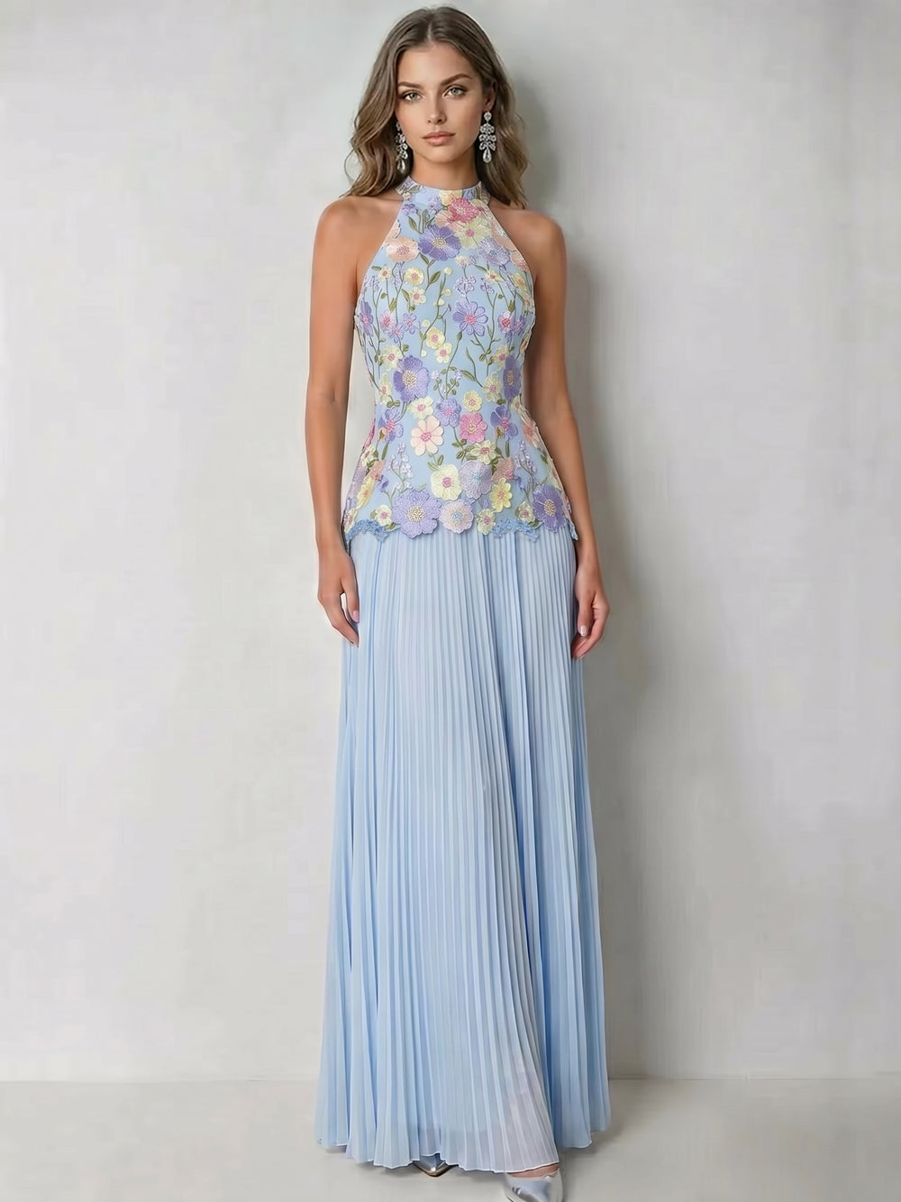 A-Line/Princess Evening Dress Floor-Length Wedding Guest Dress Halter Neck With Appliques&Pleated
