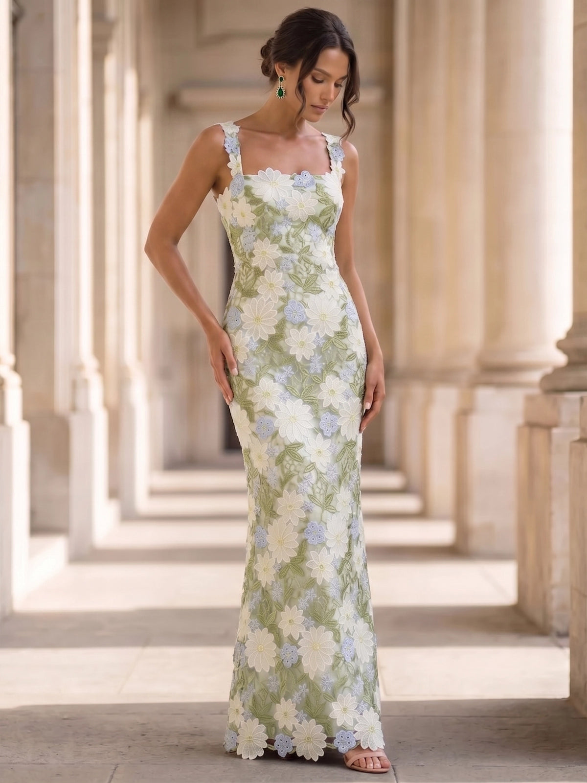 Trumpet/Mermaid Evening Dress Embroidery Spaghetti Straps Sleeveless Floor-Length Lace-Up Back Slit Corset Prom Dress Wedding Guest