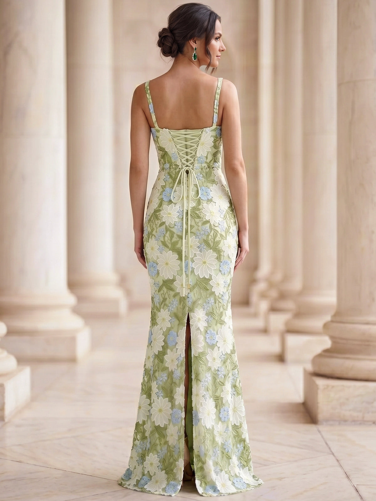 Trumpet/Mermaid Evening Dress Embroidery Spaghetti Straps Sleeveless Floor-Length Lace-Up Back Slit Corset Prom Dress Wedding Guest