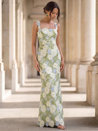Trumpet/Mermaid Evening Dress Embroidery Spaghetti Straps Sleeveless Floor-Length Lace-Up Back Slit Corset Prom Dress Wedding Guest