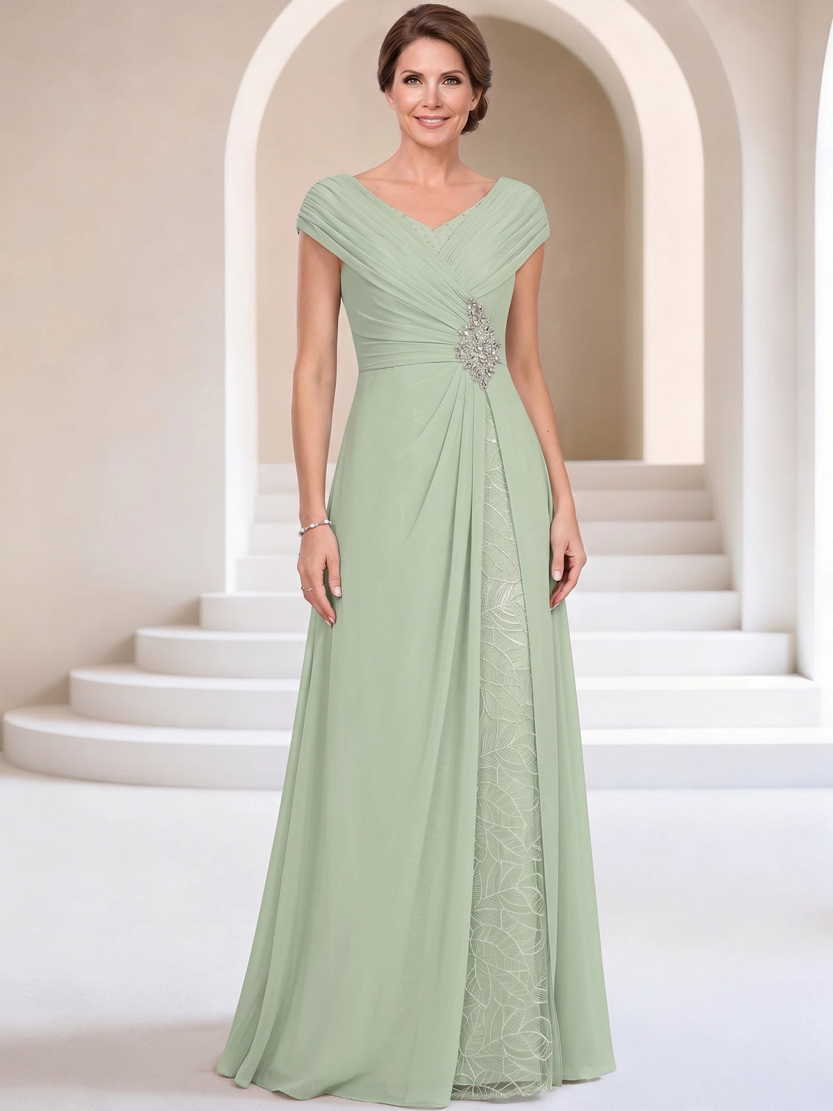 A-Line Mother Of The Bride Dresses Chiffon Lace Formal Dress V-Neck Sleeveless Floor-Length Ruched Wedding Guest