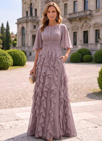 A-Line Mother of the Bride & Groom Dresses Round Neck Chiffon Loose Sleeves Tiered Ruffles with Ruched Waist Formal Wedding Guest Dresses