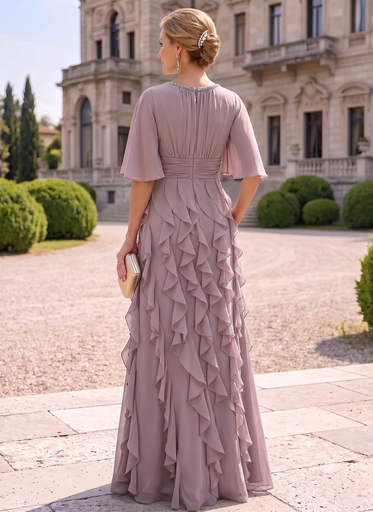 A-Line Mother of the Bride & Groom Dresses Round Neck Chiffon Loose Sleeves Tiered Ruffles with Ruched Waist Formal Wedding Guest Dresses