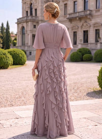 A-Line Mother of the Bride & Groom Dresses Round Neck Chiffon Loose Sleeves Tiered Ruffles with Ruched Waist Formal Wedding Guest Dresses