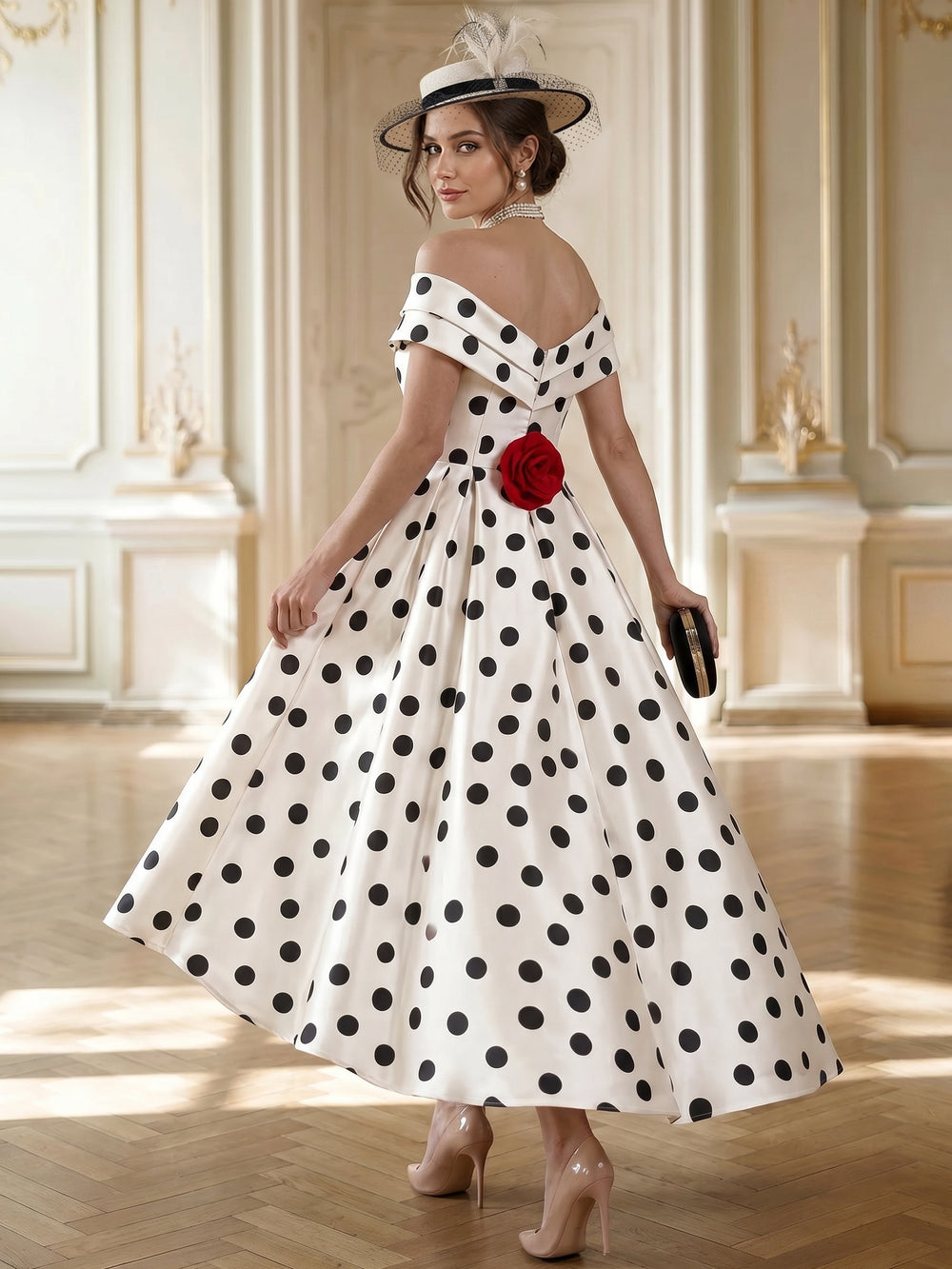 A-Line/Princess Cocktail Dress Off The Shoulder Elegant Tea-Length Dress Polka Dots For United States 250th Anniversary