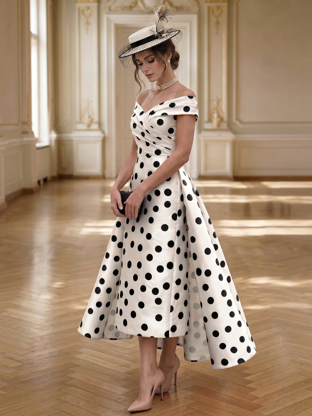 A-Line/Princess Cocktail Dress Off The Shoulder Elegant Tea-Length Dress Polka Dots For United States 250th Anniversary