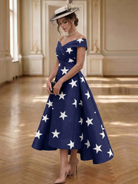 A-Line/Princess Cocktail Dress Off The Shoulder Elegant Tea-Length Dress Polka Dots For United States 250th Anniversary