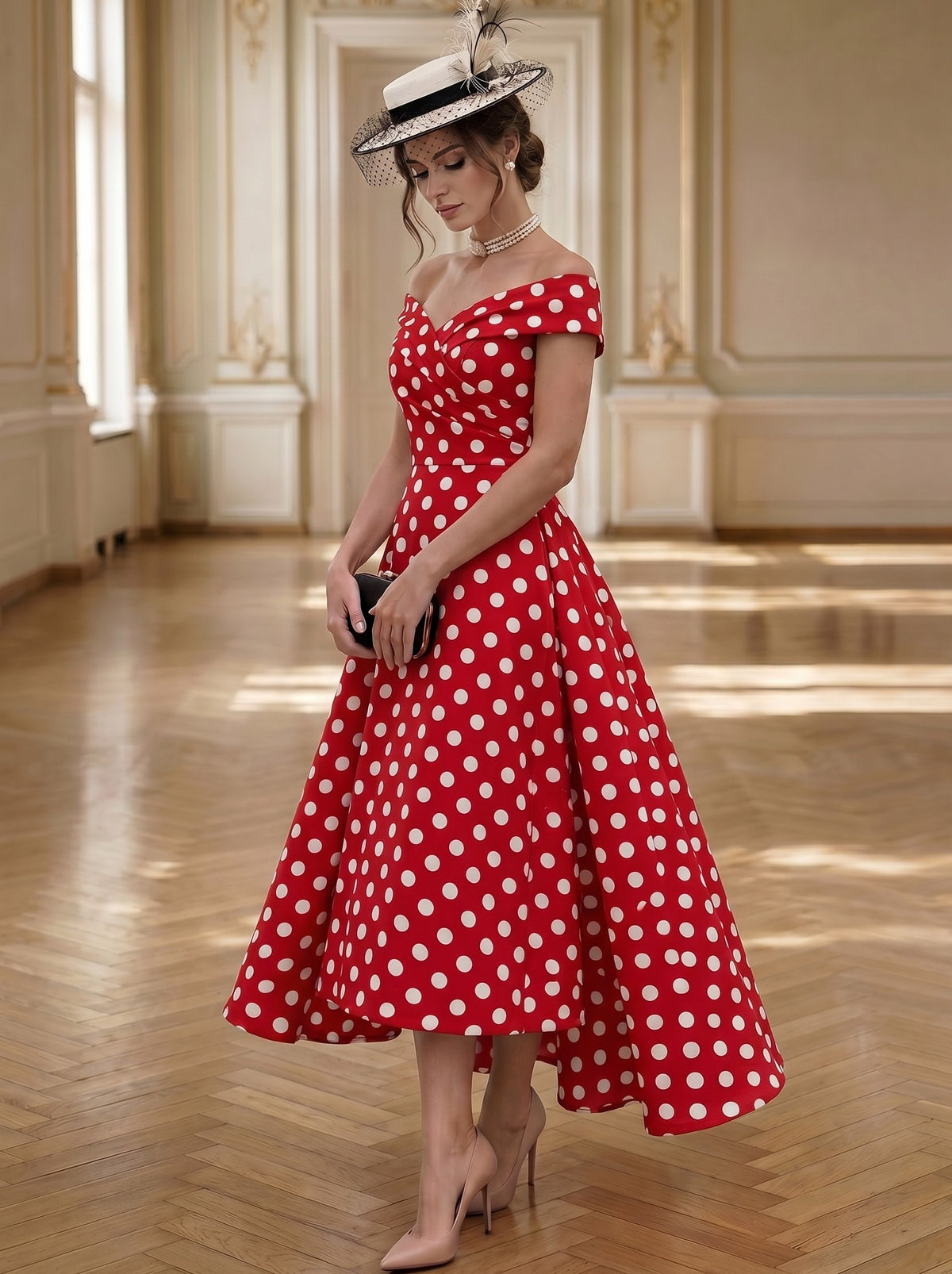 A-Line/Princess Cocktail Dress Off The Shoulder Elegant Tea-Length Dress Polka Dots For United States 250th Anniversary