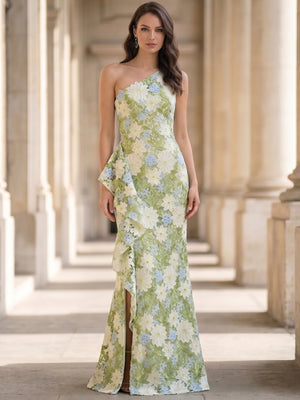Sheath/Column Evening Dresses Elegant Prom Dress Floral Embroidery Floor-Length Sleeveless One-Shoulder Ruffles With Slid Split Wedding Guest Dress