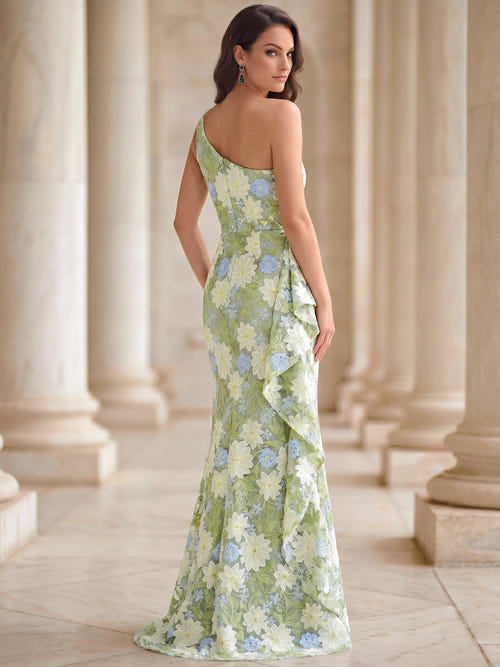 Sheath/Column Evening Dresses Elegant Prom Dress Floral Embroidery Floor-Length Sleeveless One-Shoulder Ruffles With Slid Split Wedding Guest Dress
