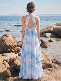 A-Line/Princess Evening Dresses Printed Chiffon Halter Sleeveless Floor-length Tiered Ruffles Pleated Hollow Zipper