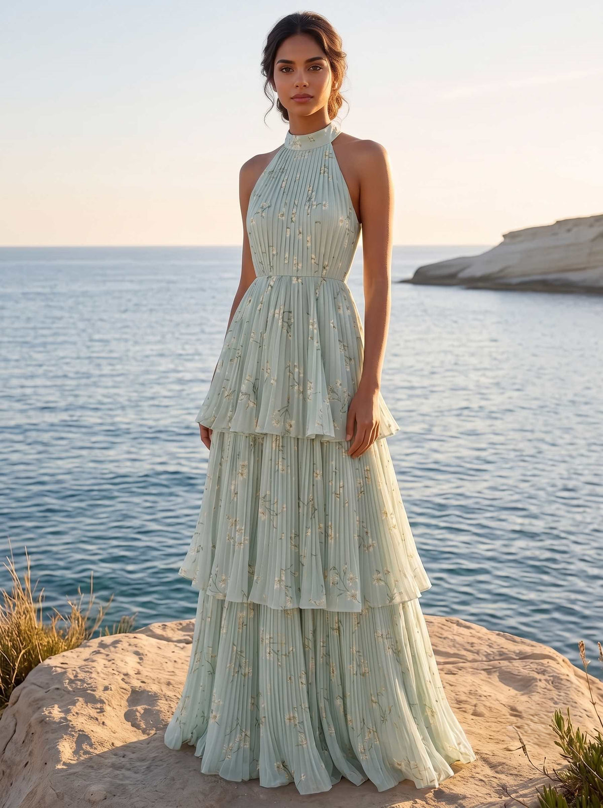 A-Line/Princess Evening Dresses Printed Chiffon Sage Halter Sleeveless Floor-length Tiered Ruffles Zipper