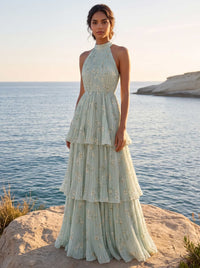 A-Line/Princess Evening Dresses Printed Chiffon Sage Halter Sleeveless Floor-length Tiered Ruffles Zipper