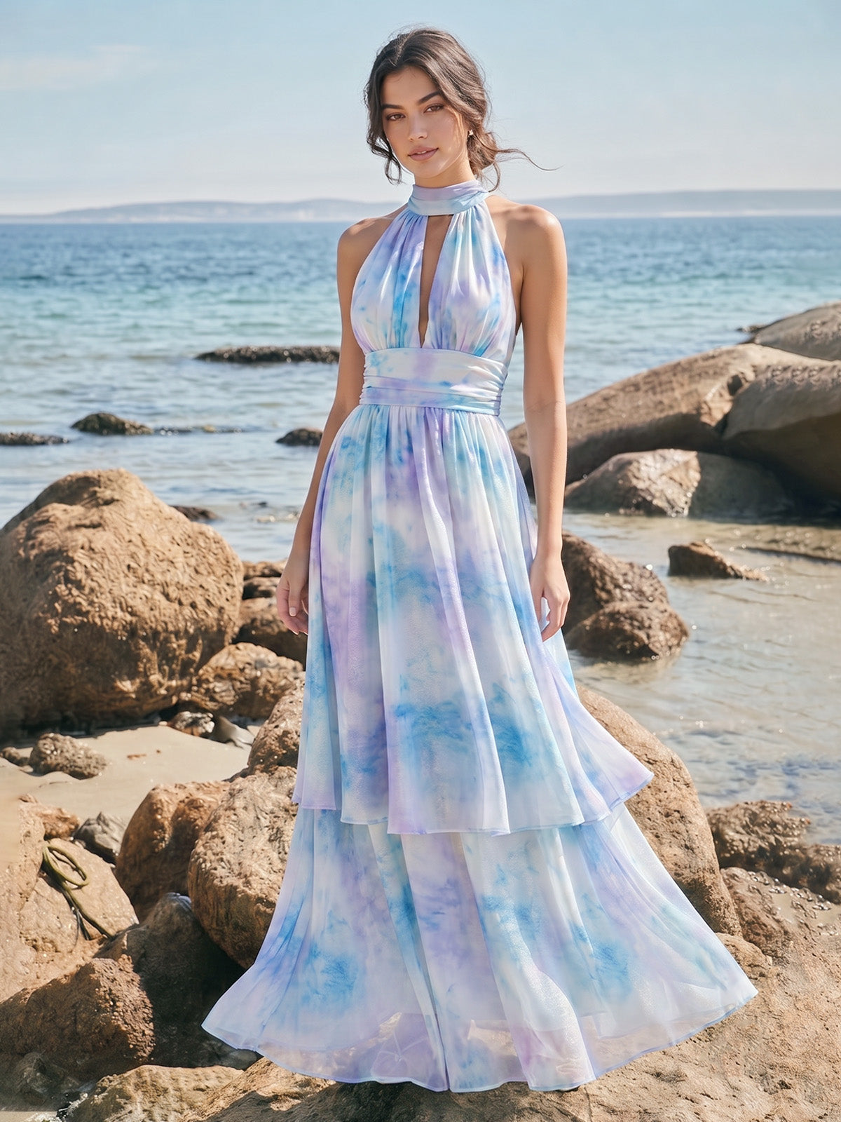 A-Line/Princess Evening Dresses Printed Chiffon Halter Sleeveless Floor-length Tiered Ruffles Pleated Hollow Zipper