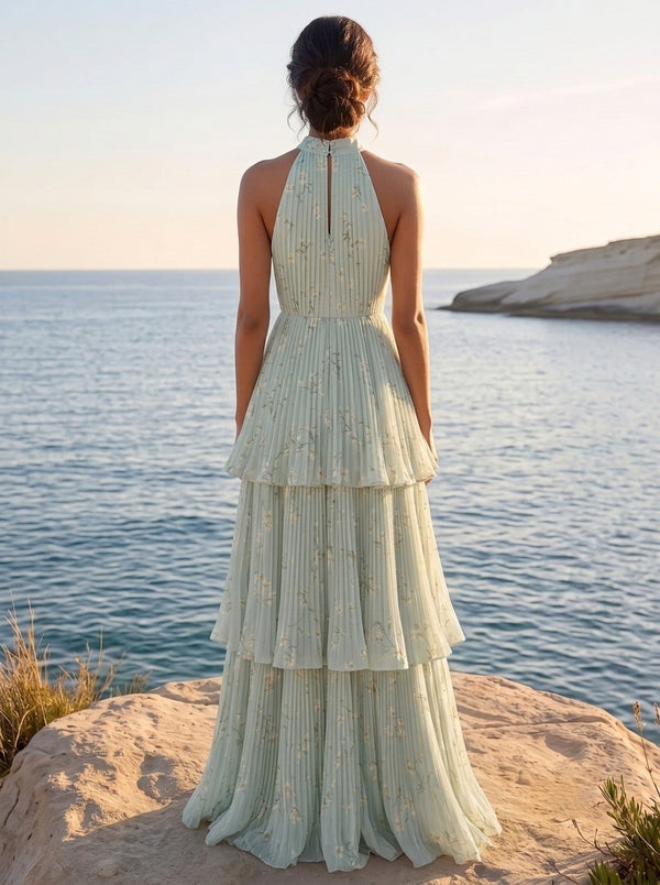 A-Line/Princess Evening Dresses Printed Chiffon Sage Halter Sleeveless Floor-length Tiered Ruffles Zipper