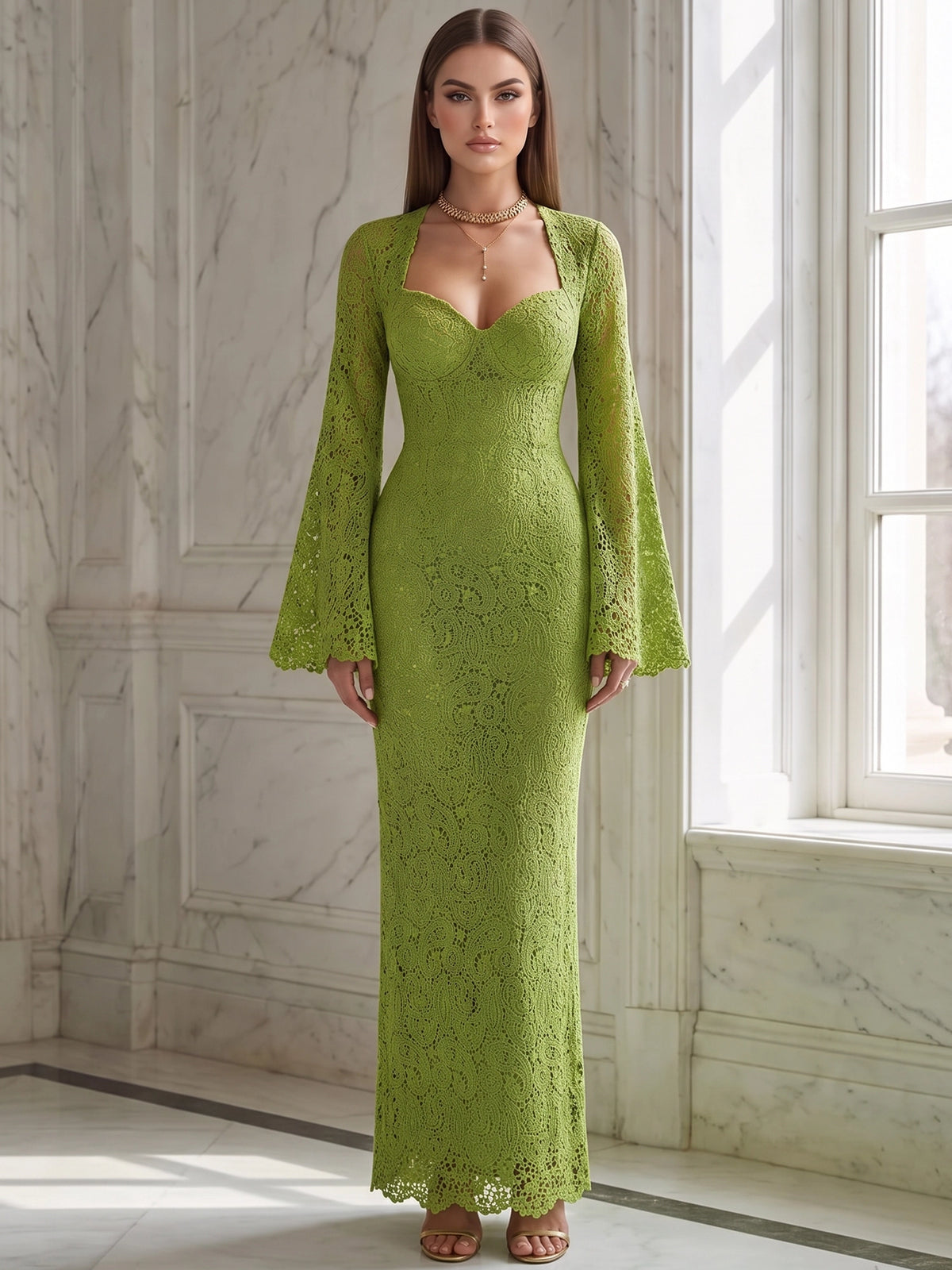 Sheath Evening Dress Lace Elegant Dresses Olive Green Long Sleeves Sweetheart Neck Floor-Length Wedding Guest Dress