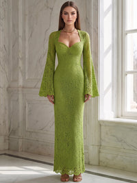 Sheath Evening Dress Lace Elegant Dresses Olive Green Long Sleeves Sweetheart Neck Floor-Length Wedding Guest Dress