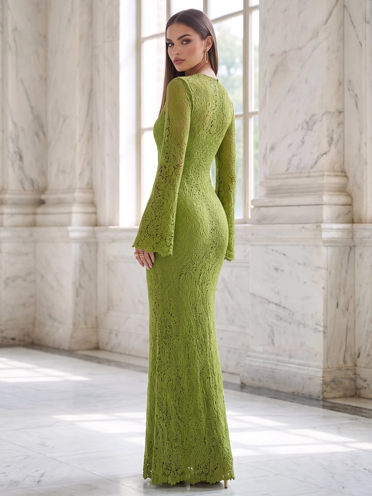 Sheath Evening Dress Lace Elegant Dresses Olive Green Long Sleeves Sweetheart Neck Floor-Length Wedding Guest Dress