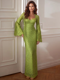 Sheath Evening Dress Lace Elegant Dresses Olive Green Long Sleeves Sweetheart Neck Floor-Length Wedding Guest Dress