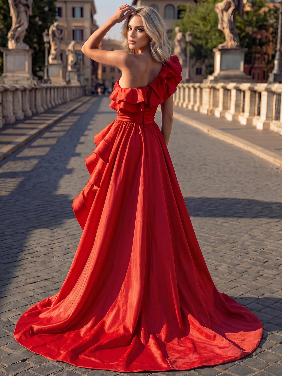 A-Line Evening Dress Red One-Shoulder Cascading Ruffle High-Low Satin Formal Dress With High Slit