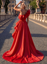 A-Line Evening Dress Red One-Shoulder Cascading Ruffle High-Low Satin Formal Dress With High Slit