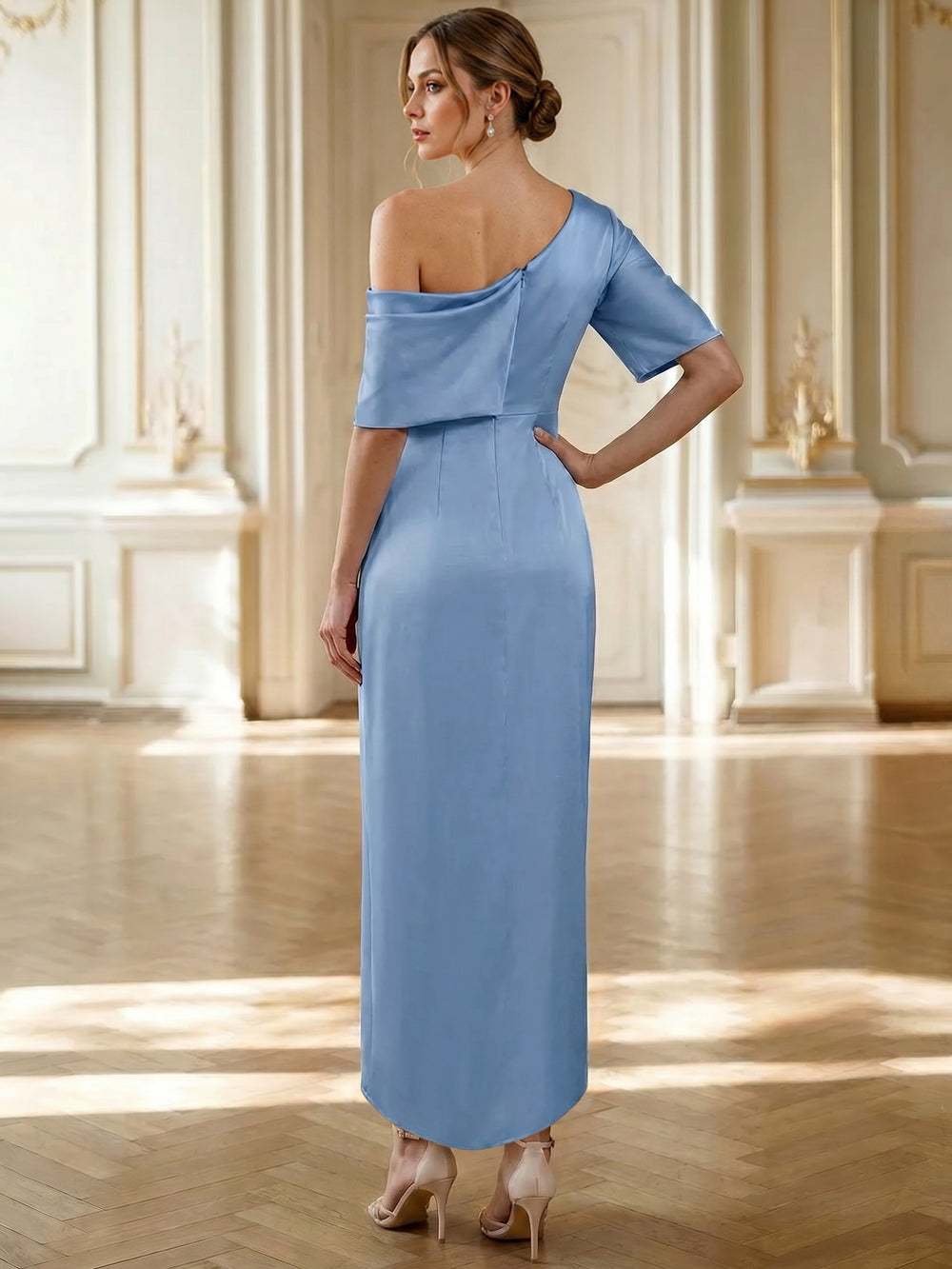 Sheath Cocktail Dress Satin Floral Pleated Elegant Dresses Sleeveless One Shoulder Tea-Length Dresses With Ruched&High Split