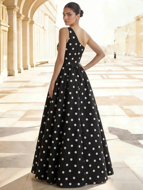 A-Line/Princess Evening Dress Satin One-Shoulder Sleeveless Floor-Length Formal Dresses With Polka Dots Wedding Guest