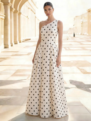 A-Line/Princess Evening Dress Satin One-Shoulder Sleeveless Floor-Length Formal Dresses With Polka Dots Wedding Guest