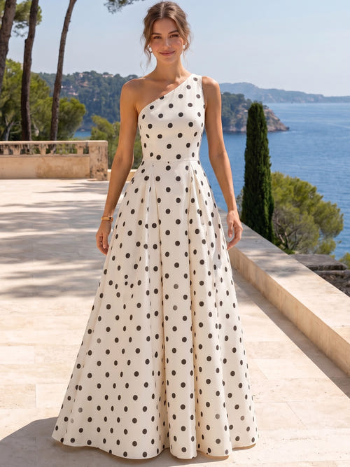 A-Line/Princess Evening Dress Satin One-Shoulder Sleeveless Floor-Length Formal Dresses With Polka Dots Wedding Guest