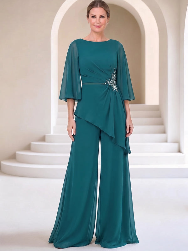 Jumpsuits Mother Of The Bride Dresses Chiffon Bateau Neck 3/4 Sleeves Floor-Length Rhinestones Zipper