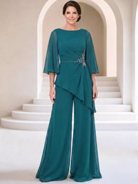 Jumpsuits Mother Of The Bride Dresses Chiffon Bateau Neck 3/4 Sleeves Floor-Length Rhinestones Zipper