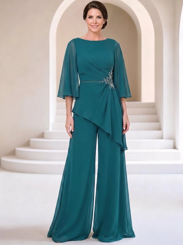 Jumpsuits Mother Of The Bride Dresses Chiffon Bateau Neck 3/4 Sleeves Floor-Length Rhinestones Zipper