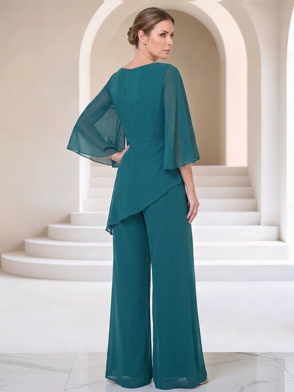 Jumpsuits Mother Of The Bride Dresses Chiffon Bateau Neck 3/4 Sleeves Floor-Length Rhinestones Zipper