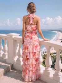 A-Line/Princess Evening Dresses Printed Chiffon Halter Sleeveless Floor-length Tiered Ruffles Zipper With Bowknot