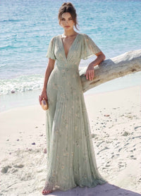 A-Line/Princess Evening Dresses Printed Chiffon V-Neck Short Sleeves Floor-length Pleated Dress