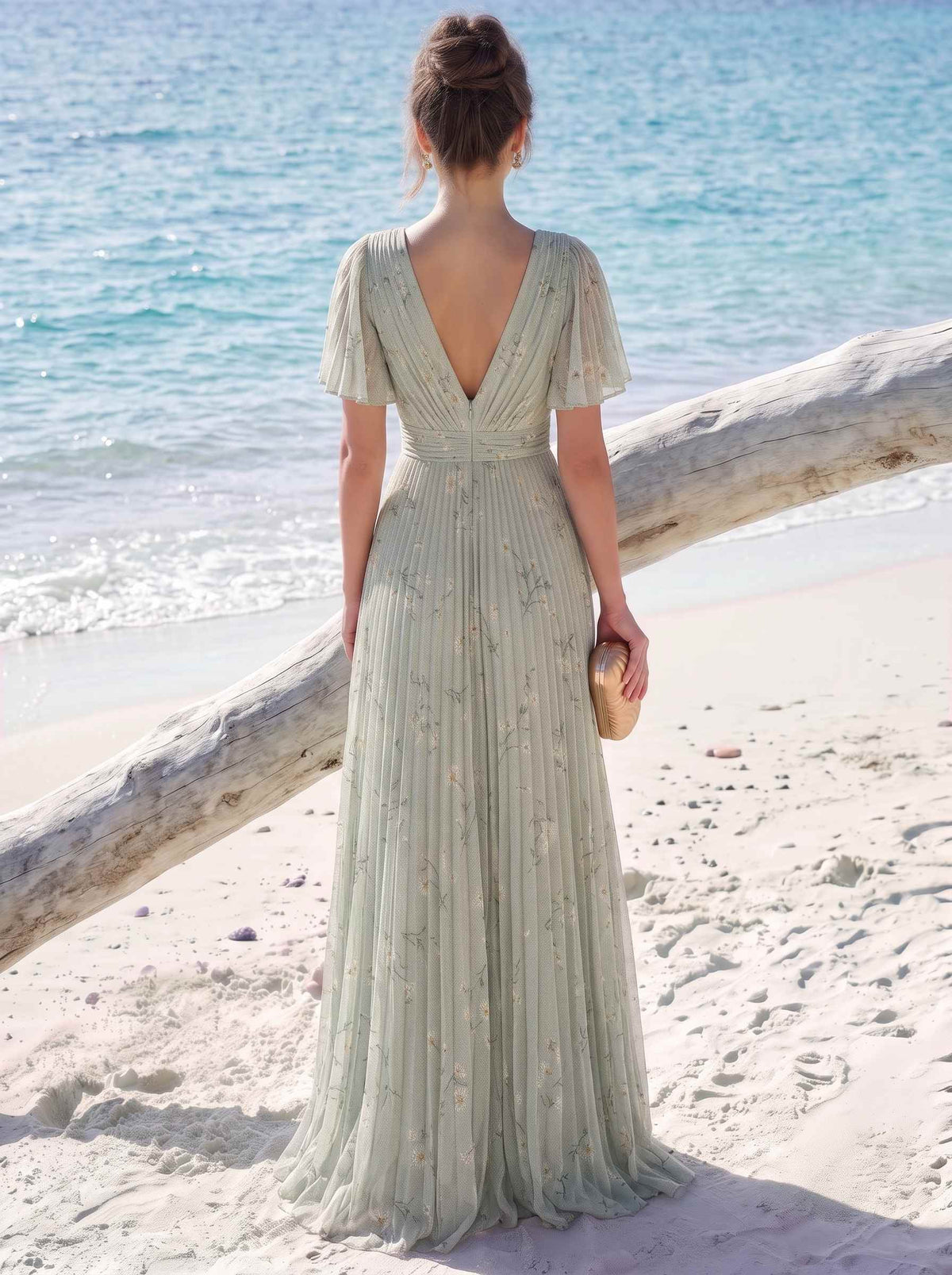 A-Line/Princess Evening Dresses Printed Chiffon V-Neck Short Sleeves Floor-length Pleated Dress