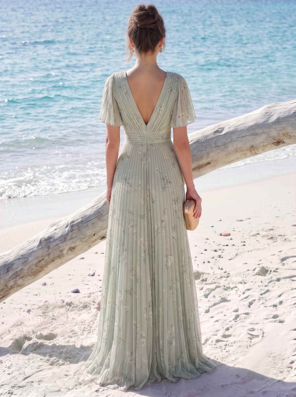 A-Line/Princess Evening Dresses Printed Chiffon V-Neck Short Sleeves Floor-length Pleated Dress