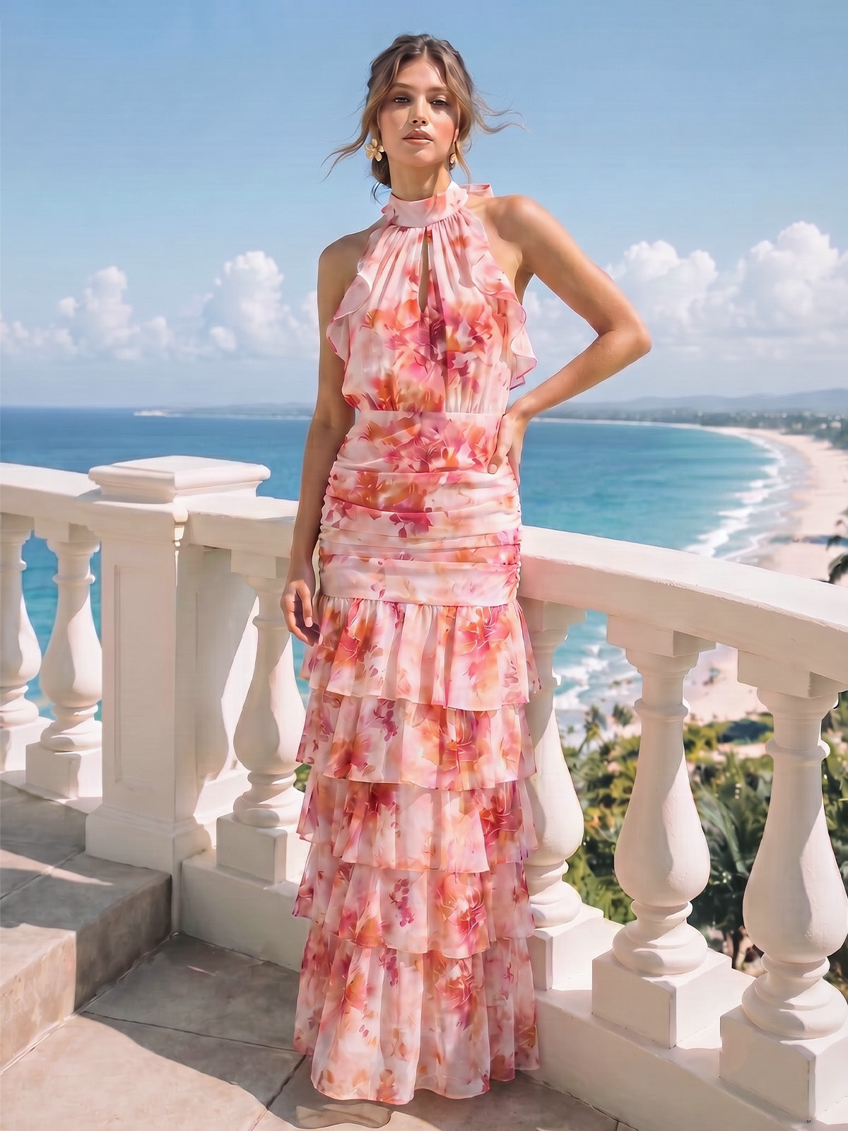 A-Line/Princess Evening Dresses Printed Chiffon Halter Sleeveless Floor-length Tiered Ruffles Zipper With Bowknot
