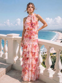 A-Line/Princess Evening Dresses Printed Chiffon Halter Sleeveless Floor-length Tiered Ruffles Zipper With Bowknot