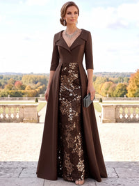 A-Line Mother Of The Bride Dresses Elegant Satin Glittering Red Carpet Sequins Floor-Length V Neck Long 3/4 Sleeves Formal Dress Wedding Guest
