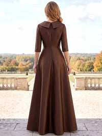 A-Line Mother Of The Bride Dresses Elegant Satin Glittering Red Carpet Sequins Floor-Length V Neck Long 3/4 Sleeves Formal Dress Wedding Guest