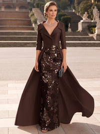 A-Line Mother Of The Bride Dresses Elegant Satin Glittering Red Carpet Sequins Floor-Length V Neck Long 3/4 Sleeves Formal Dress Wedding Guest
